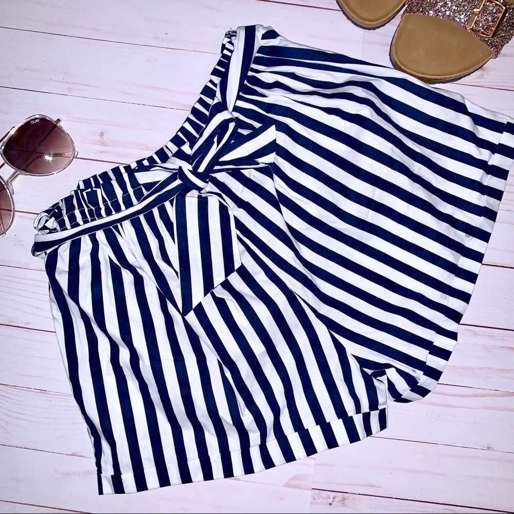 Blue & White Striped Paper Bag Shorts